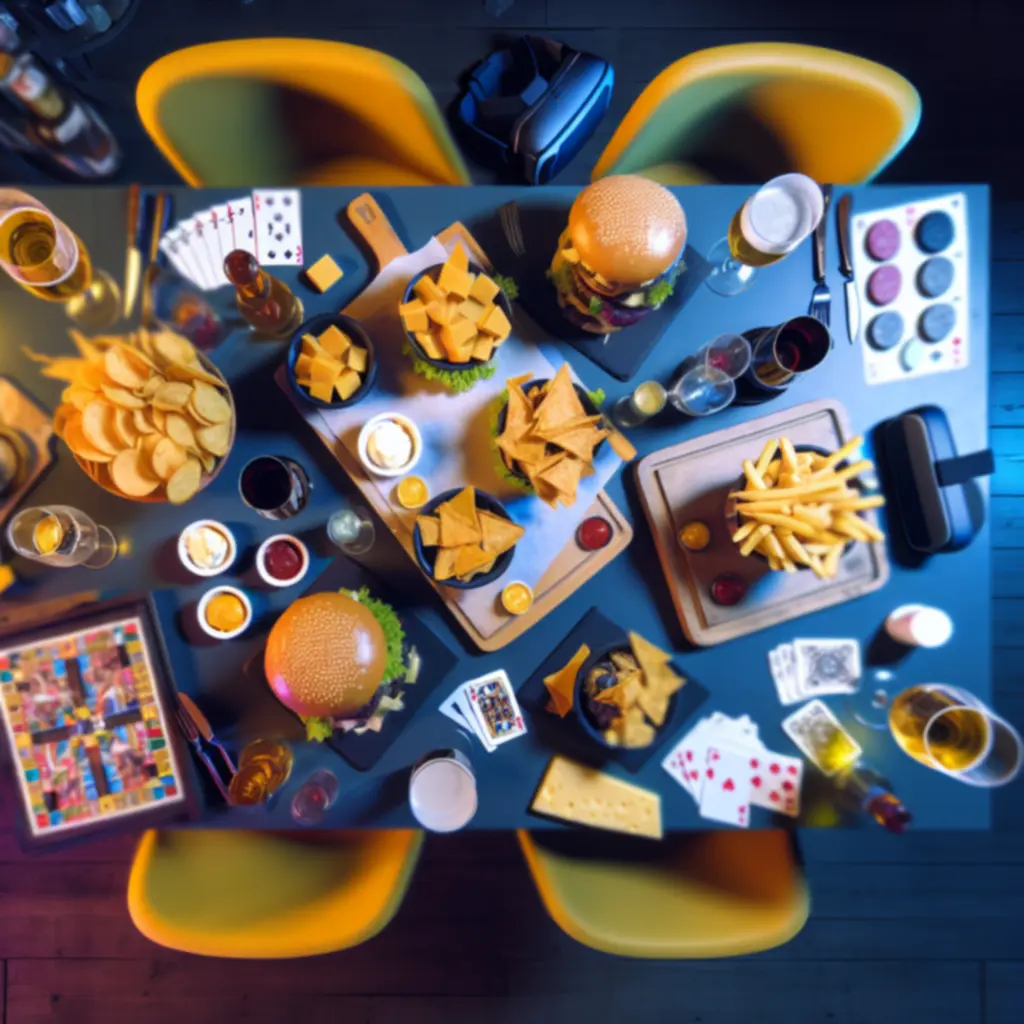 Burgery i przekąski ustawione obok planszówek w barze