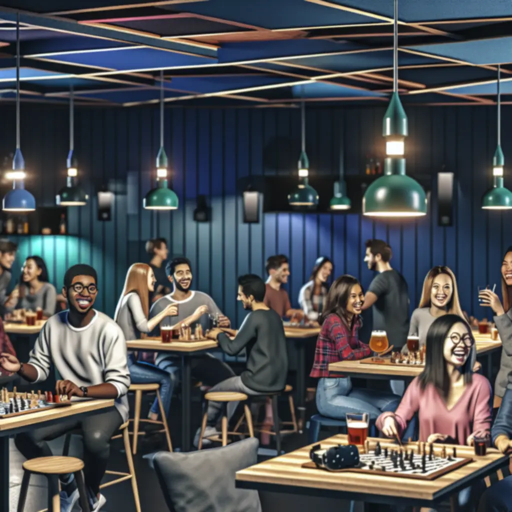 Grupa znajomych grających i śmiejących się przy stoliku w bar-café PLNextLevel