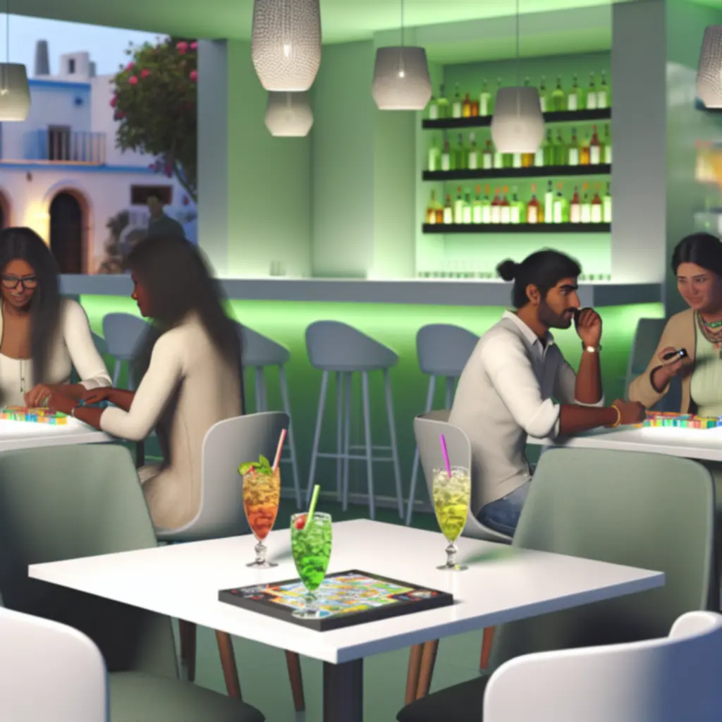 Stolik z drinkami w otoczeniu graczy przy planszówkach i konsolach