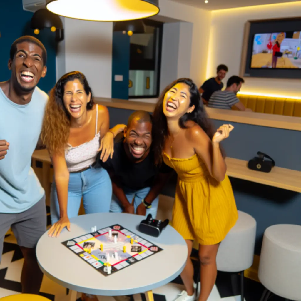 Grupa znajomych bawiąca się podczas wydarzenia w barze-kawiarni gamingowej