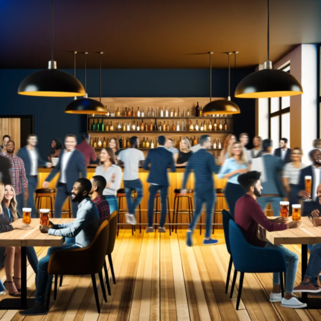 Nowoczesne wnętrze bar-café PLNextLevel z gośćmi przy barze i stolikach