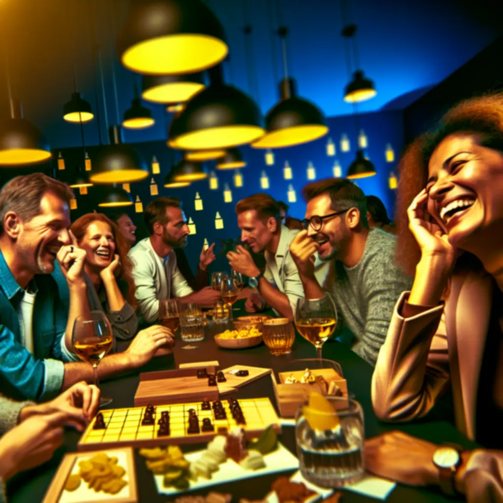 Goście bawiący się wieczorem przy grach i napojach w bar-café PLNextLevel