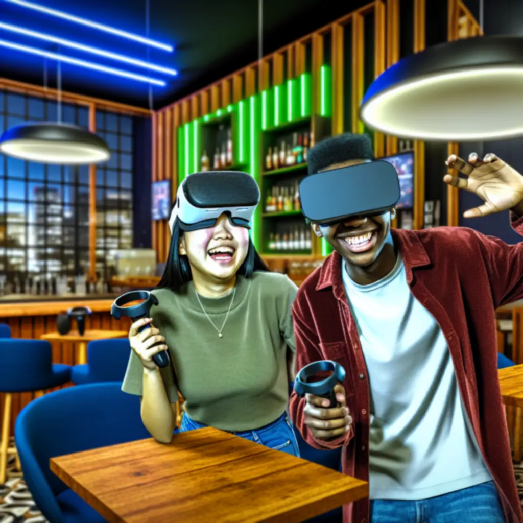 Goście w goglach VR w barze gamingowym PLNextLevel